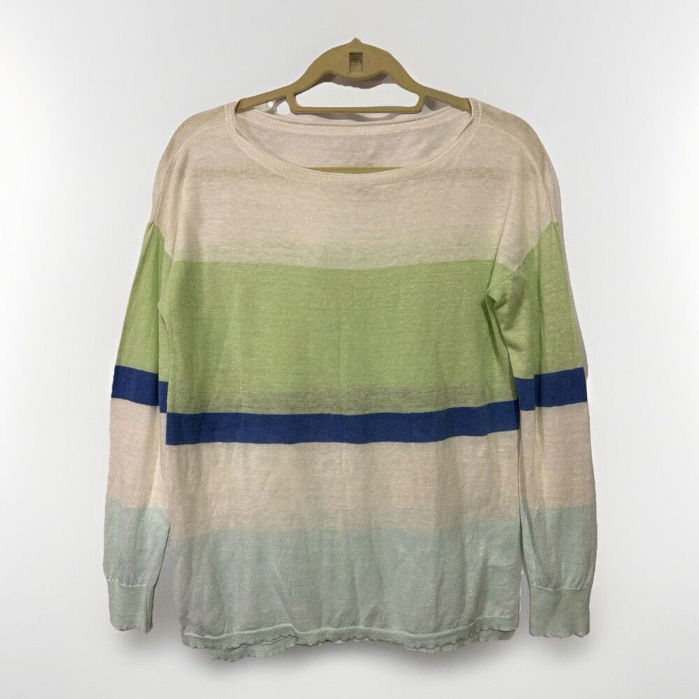 LL Bean Signature Linen Blend Sweater Womens Medium Sheer Stripe Beachy Coastal